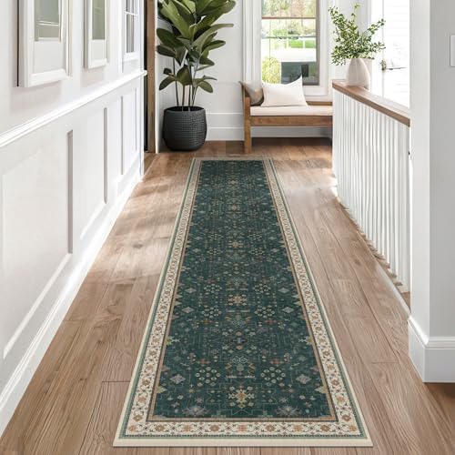 Hazo Haus Dark Green Hallway Runner Rug 12 ft Long - Modern Vintage Boho Eclectic Floral with Brown Accent, Washable Low Pile Non-Slip Extra Long Wide Runner Rugs for Kitchen, 3x12 by HazoHaus
