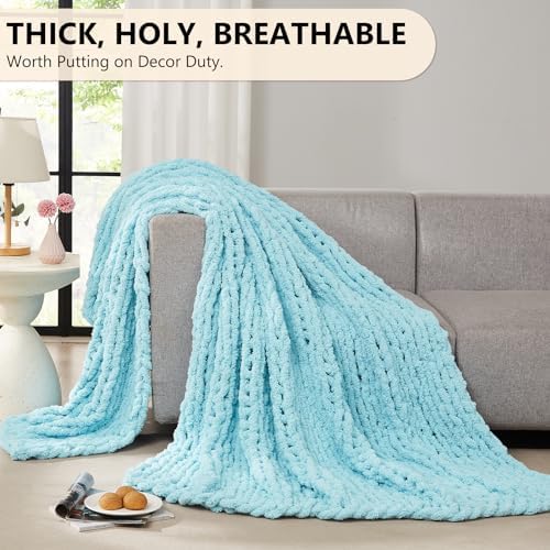 L'AGRATY Chenille Chunky Knit Blanket, Light Blue, 50x60, Heavyweight Throw Blanket for Home Decor - Image 5