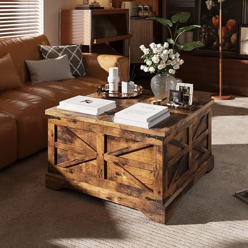 MXV Farmhouse Coffee Table with Storage, Square Coffee Tables for Living Room, Rustic Wood Center Table with Hinged Lifting Tabletop for Home, Brown by Unknown