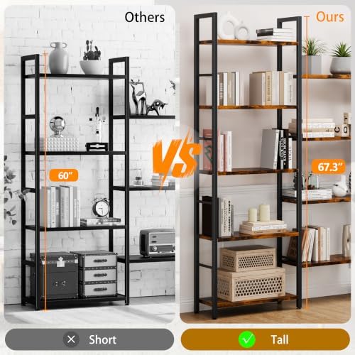 Shintenchi Triple 5 Tier Bookshelf, Industrial Large Bookcase with 14 Open Display Shelves, Large Etagere Bookshelf,Wide Book Shelf Book Case for Home & Office, Brown - Image 6