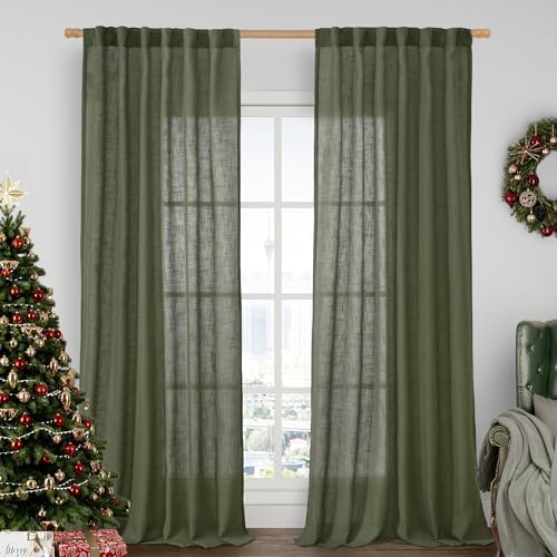 LAMIT Olive Green Linen Curtains 90 Inch for Living Room Bedroom 2 Panels by LAMIT