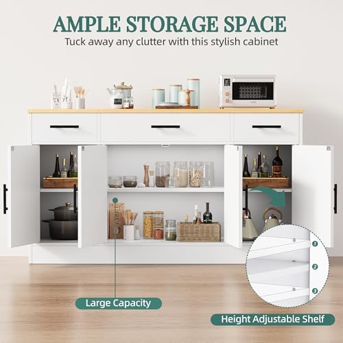 Shintenchi Buffet Cabinet with Storage,53.4" Large Kitchen Storage Cabinet with 3 Drawers and 4 Doors,Wood Farmhouse Buffet Sideboard with Adjustable Shelf for Kitchen Living Room, White - Image 6