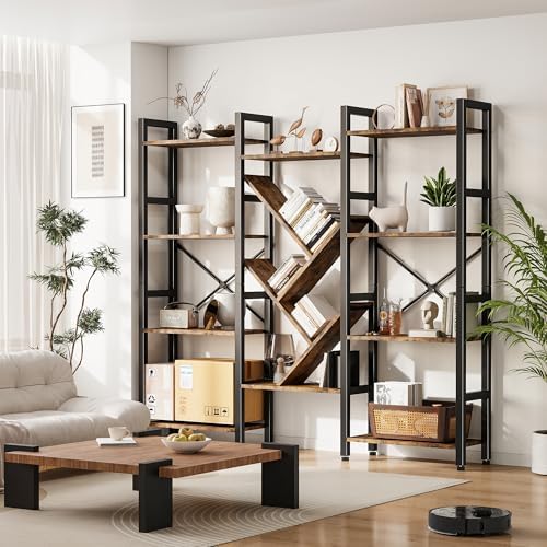INNOD Triple 4 Tier Book Shelf, Large Industrial Bookcase with Storage Cabinet, Tall Bookshelf with Open Display Shelves Furniture for Living Room Bedroom Home Office Rustic Brown - Image 4