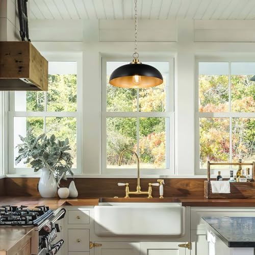 Lingkai 15.7" Pendant Light Fixtures, Farmhouse Pendant Lights Kitchen Island, Black Hanging Ceiling Light for Kitchen Island Dining Room - Image 6