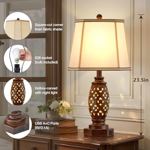 EJIAXIN Bedside Lamps Set of 2-23.5" Vintage Table Lamp with USB A+C and Nightlight - Brown Carved Resin Farmhouse Desk Lamp for Bedrooms, End Tables, Living Room, Bulbs Included - Image 6