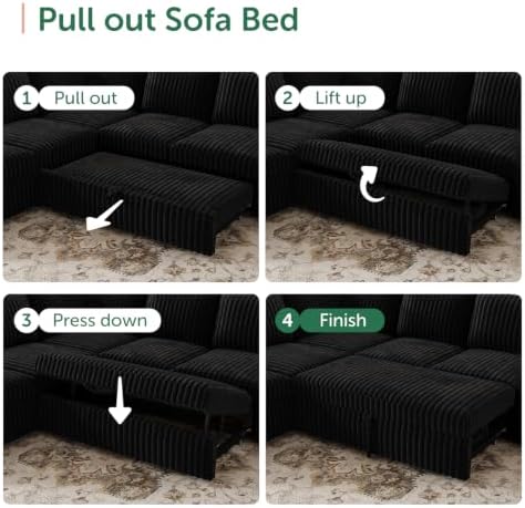 HONBAY Modular Sectional Sleeper Sofa with Pull Out Bed Oversized Corduroy L Shaped Sofa Bed with Storage Couches for Living Room,Black - Image 5