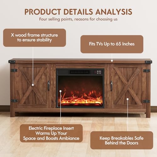 YESHOMY 58 Inch Fireplace TV Stand for TVs up to 65 Inch, Brown - Image 5