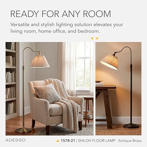Adesso Floor Lamp, Antique Brass & Oatmeal, Pleated Shade, 63” - Image 3