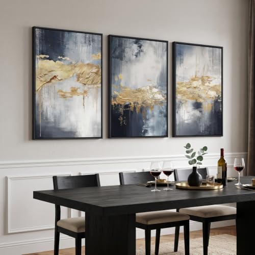 Large Framed Blue and Gold Abstract Wall Art for Living Room, 3 Piece 24x36 - Image 4