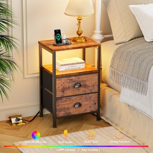 Night Stand Set 2 with Charging Station, LED Light, 2 Drawers, Rustic Brown - Image 5