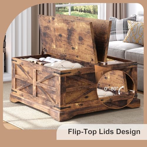 MXV Farmhouse Coffee Table with Storage, Square Coffee Tables for Living Room, Rustic Wood Center Table with Hinged Lifting Tabletop for Home, Brown - Image 4