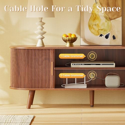 PRAISUN 54 Inch Fluted TV Stand for TVs up to 55 Inch, TV Media Console with Power Outlets and USB-C Port, Entertainment Center with Storage, Curved Sliding Doors, Adjustable Shelf, Brown - Image 6