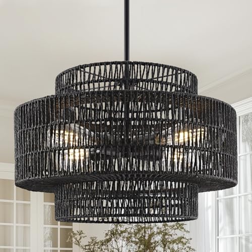 17.7" Black Rattan Chandelier for Dining Room, Boho Pendant Light by InterMaka