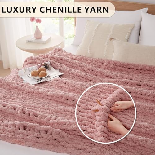 L'AGRATY Chunky Knit Throw Blanket for Couch, 50 x 60 Inches, Rose Pink - Image 3