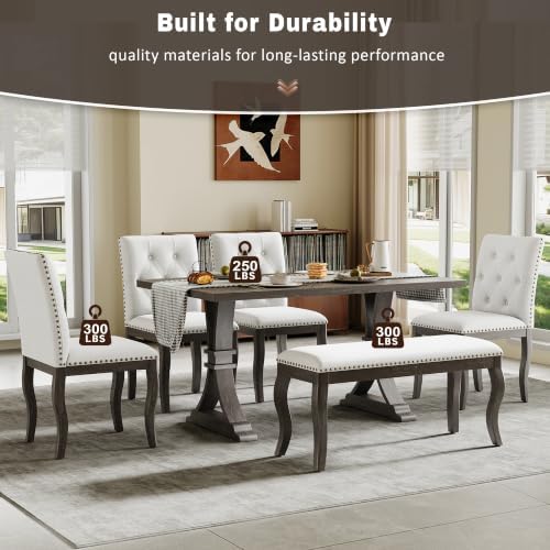 LUMISOL 6-Piece Dining Table Set with Bench, Farmhouse Kitchen Table Set with 4 Upholstered Button Tufted Chairs, Nailhead Trim & Curved Wood Legs, Espresso - Image 7