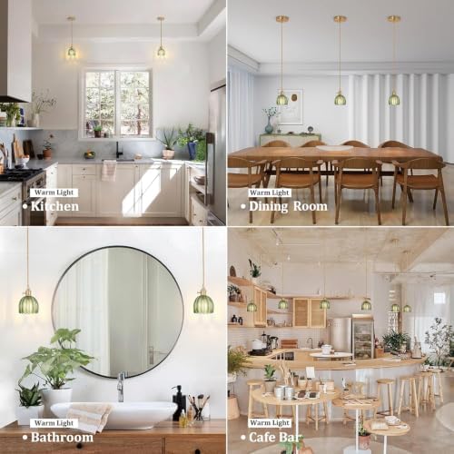 Shenmoyl Pendant Light 2 Pack with Green Tulip Glass Lmapshade, Brass Vintage Pendant Light Adjustable Hanging Light for Kitchen Island Dining Room Hallway - Image 3