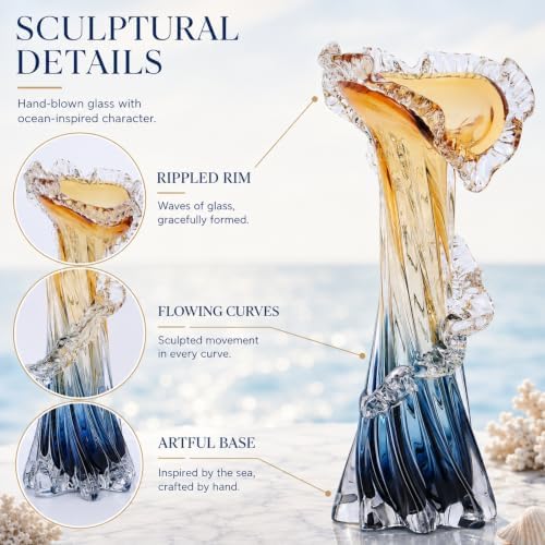 Blue Blown Glass Vase, Modern Art Hand Blown Coastal Vase,Beautiful Unique Ocean Wave Centerpieces for Living Room, Bedroom, Office Desktop,Coffee Table and Wedding Decorative (Amber, L) - Image 4