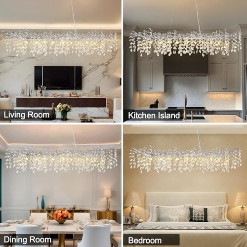 YUYI 71" Silver Tree Branch Chandelier, 20-Light Modern Rectangular Crystal Chandelier, Luxury Chandeliers for Dining Room, Kitchen Island, Living Room, Top K9 Crystal Raindrop Light Fixture - Image 2