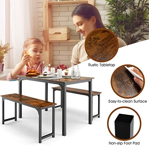 GIANTEX Dining Table Set for 4, Industrial Kitchen Table Set w/ 2 Benches, Space-Saving Dinette Set for Breakfast Nook, Dining Room, Kitchen, Easy Assembly (Mix Brown) - Image 6