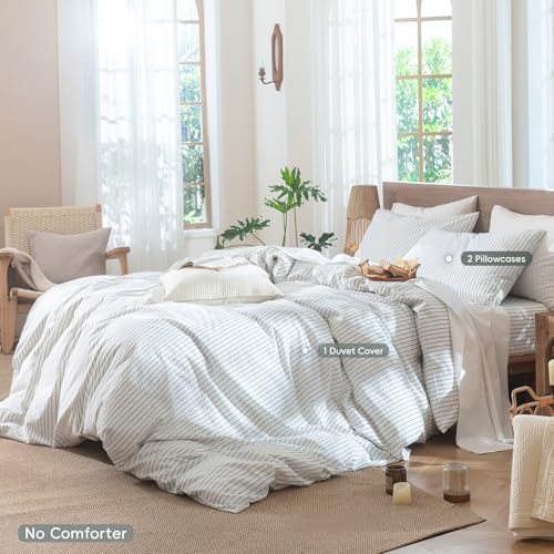 MooMee Striped Duvet Cover Set 100% Washed Cotton Linen Like Alaska King - Image 2