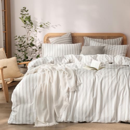 BESTOUCH Striped Cotton Duvet Cover Set Linen Feel Oversized Full by BESTOUCH