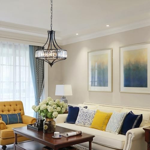 Crystal Chandeliers for Dining Room, Round Rustic Farmhouse Chandelier, Metal Shade, 4-Light Modern Chandelier for Hallway, Bedroom, Foyer Black - Image 6