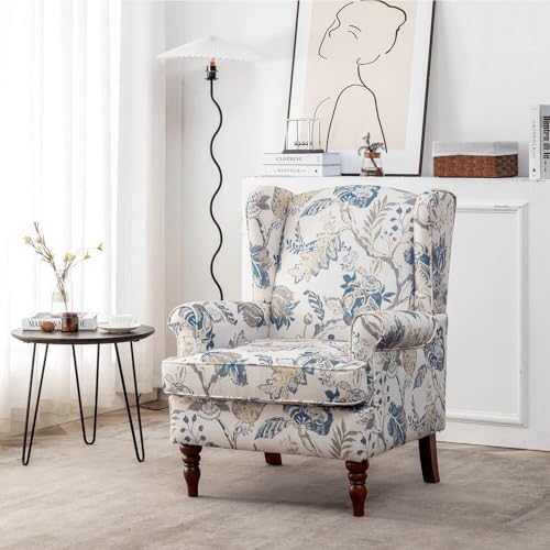 YOLENY Floral Accent Chair, High Back Upholstered Armchair with Solid Legs, Leisure Single Sofa Chair for Living Room, Bedroom, Home Office, Blue Floral - Image 2