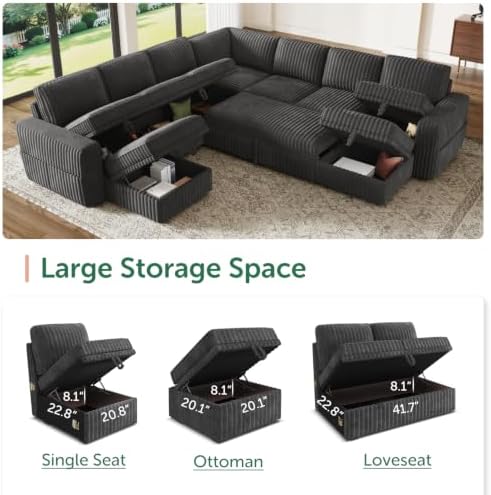 HONBAY Modular Sectional Sleeper Sofa with Pull Out Bed Oversized Corduroy L Shaped Sofa Bed with Storage Couches for Living Room,Dark Grey - Image 3