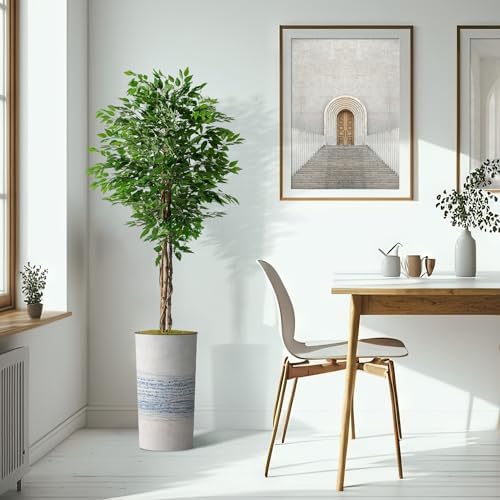 Artificial Tree in Blue Gray Industrial Line Pattern Planter, Fake Ficus Silk Tree for Indoor and Outdoor Home Decoration - 75" Overall Tall (Plant Pot Plus Tree) - Image 6
