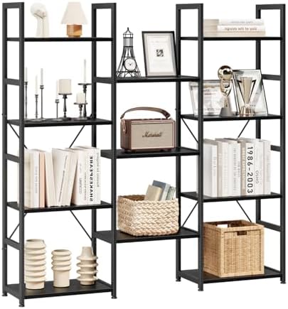 NUMENN Triple Column 4 Tier Bookshelf with 11 Adjustable Shelves, Black by NUMENN