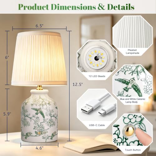 ShineTech Rechargeable Cordless Small Ceramic Table Lamps Set of 2, Green - Image 4