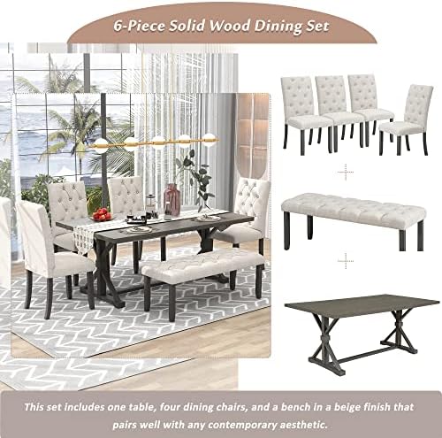 Mirightone 6-Piece Farmhouse Dining Table Set for 6 Rectangular Table Set with 4 Upholstered Chairs and Bench, Solid Wood Dining Table Set for Kitchen, Dining Room (Grey) - Image 4
