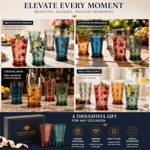 French Bee Highball Glasses | Set Of 6 | Colored Drinking Glass 13 OZ, Old Fashioned Glasses with Bees Embossed Design, Fine Crystal French Glassware, Drinking Glasses, Heavy Water & Juice Glasses - Image 5