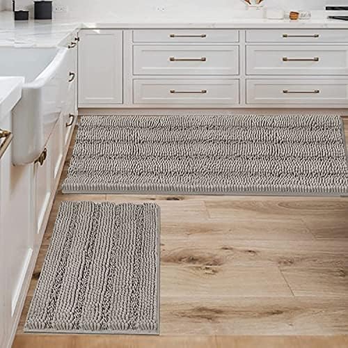 Non Slip Thick Shaggy Chenille Bathroom Rug Mat Set Extra Soft and Absorbent Striped Floor Rugs, 2 Piece, Machine-Washable by HVERSAILTEX