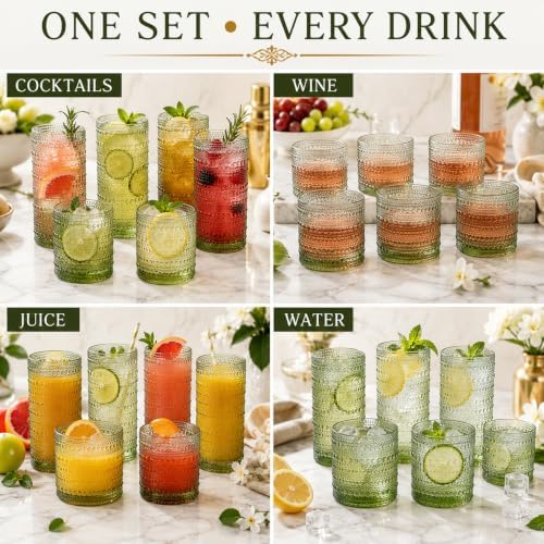 Khen Hobnail Beaded Highball Drinking Tumbler Glasses | Set of 12 | Color, Vintage Bubble Design Whiskey Glassware, Old-Fashioned, Embossed Design for Water Wine, Cocktail Embossed Heavy Glass (Green) - Image 2