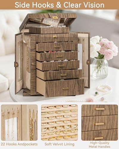 AKOZLIN 6-Tier Jewelry Box Organizer 5 Drawers Storage XXL Wood Grain - Image 6