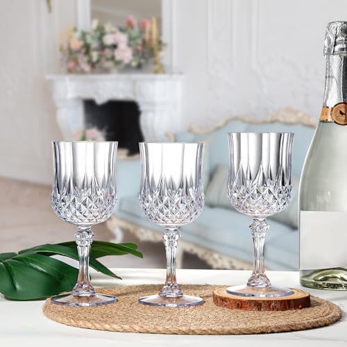 XUWAIDSGN 100Pcs Plastic Vintage Wine Glasses 7oz Reusable Embossed Goblet Glasses Pink Retro Wine Glassware Unbreakable Stemmed Champagne Water Cups for Wine Cocktail Juice Wedding (100, Clear) - Image 5