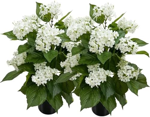 24 Inch Artificial White Hydrangea Potted Plant, 2 Pack Faux Silk Flower Bonsai Tree with Black Planter, Realistic Fake Flower for Tabletop, Shelf, Home Bedroom Office Porch Decor by VIGGDA