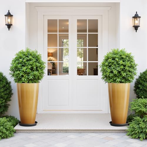 QCQHDU 21 inch Tall Planters for Outdoor & Indoor Plants, 2 Pack Sturdy Plant-Flower-Tree Pots for Front Porch Patio Deck Living Room Decor, Golden - Image 2