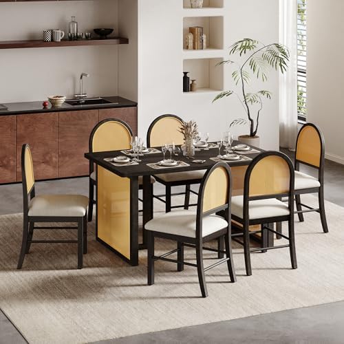 VilroCaz Farmhouse 7-Piece Dining Table Set for 6-59.8" Rectangular Dining Table with Distressed Oak Veneer and 6 Upholstered Chairs, Rattan-Wood Combination for Kitchen Dining Room (Espresso-9.26) - Image 2