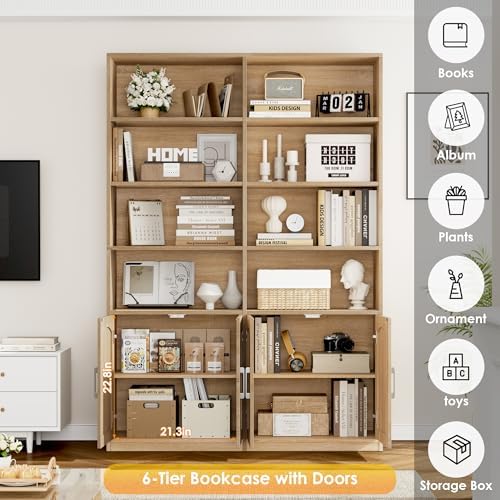 FACBOTALL Bookshelf and Bookcase with Doors, Double Wide Large Bookshelves - Image 5