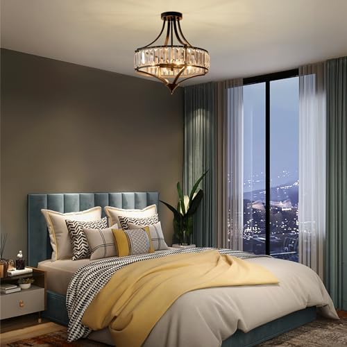 Black Crystal Chandelier Semi Flush Mount Ceiling Light Fixture Round Rustic Farmhouse 4-Light Mid Century Modern Chandelier for Hallway, Bedroom, Foyer, Entryway, Closet - Image 2