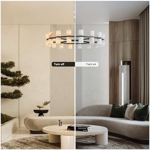 Alabaster Round Chandelier, Natural Spanish Stone Texture Chandeliers, D31in Round Chandeliers for Dining Room Chandelier Light Fixture for Kitchen Living Room Foyer Entryway Hallway (Black) - Image 4