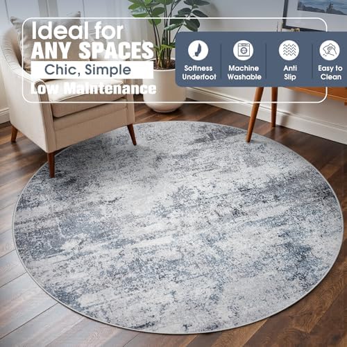 Aelenmu Round Rug 6ft Washable Rug for Dining Room Living Room Blue Grey - Image 3