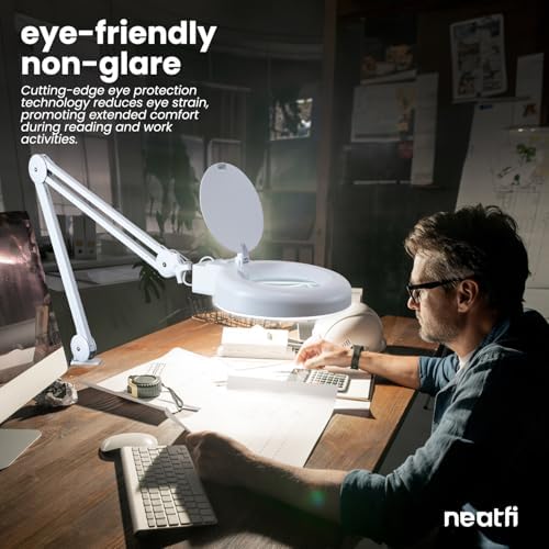 Neatfi LED Magnifying Lamp with Clamp | 12W | 60 SMD LEDs |1,200 Lumens | Adjustable Step Dimming | 2.25x Magnification Desk Lamp Magnifier for Crafts, Painting, and Hobbies (White-2, 5-Diopter) - Image 5