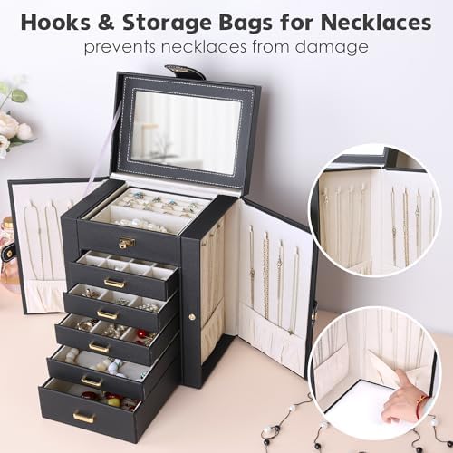 Kendal Jewelry Box, 6-Layer Jewelry Storage Organizer for Necklace Bracelet Rings Watch, 10.2"x8.2"x6" Classic Black PU Leather 5 Drawers Large Storage Capacity with Mirror - Image 4