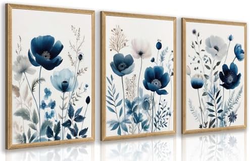 LLEEMPI Navy Blue Floral Wall Art Set of 3, 16x24 Wood Framed Canvas Prints by Unknown