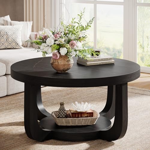 Tribesigns Round Coffee Table, 2-Tier Circle Coffee Table with Storage, Modern Wooden Accent Center Table for Living Room, Thick Tabletop & Base, Black by Tribesigns
