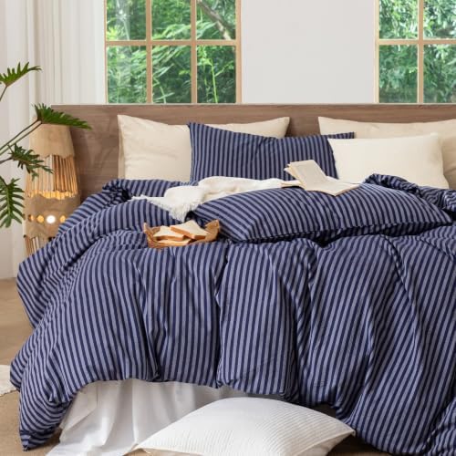 MooMee Striped Duvet Cover Set 100% Washed Cotton Linen Like Queen - Image 5
