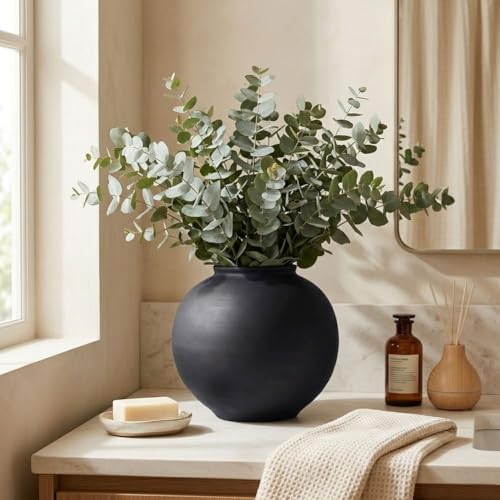 Small Blak Ceramic Vase - 6.1 Inch Small Black Round Vase, Rustic Farmhouse Vase for Home Decor, Dining Table, Shelf, Bedroom, Living Room, Kitchen, Office, Bathroom, Mantle, Centerpiece Décor - Image 3